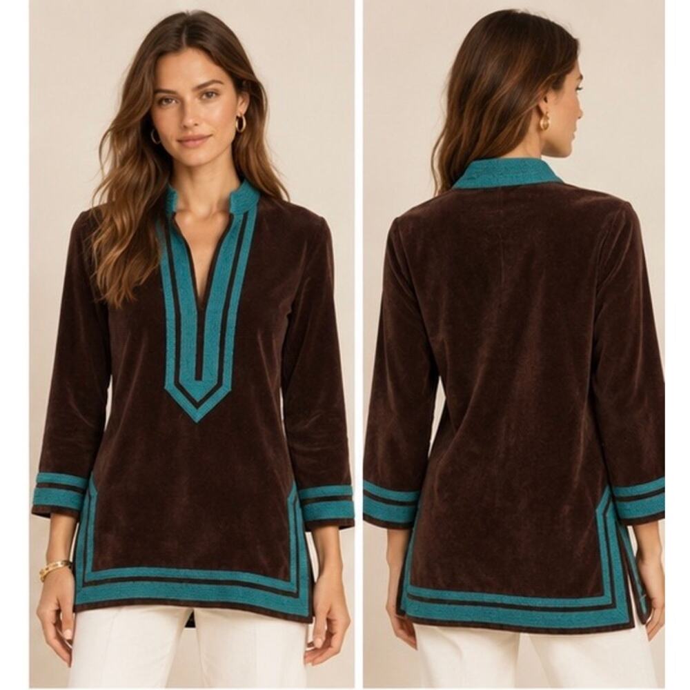 Tory Burch Brown Velour Tunic Top Teal Trim Size 8 Cotton Stretch - Picture 2 of 9